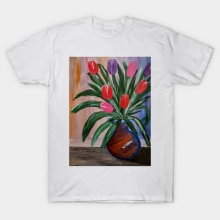 Tulips in a bronze and blue vase T-Shirt